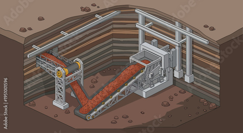 Isometric illustration of an open-pit mine with conveyor belts and machinery extracting ore from layered earth.