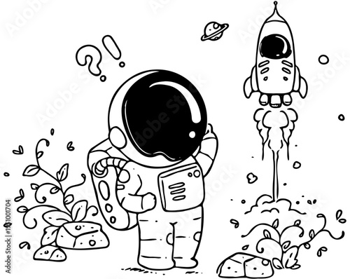An astronaut looks confusedly at a rocket launching into space, surrounded by rocks and plants