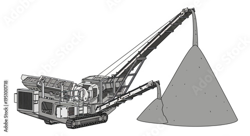 Illustration of a large industrial mobile crushing and screening machine depositing aggregate material onto a large stockpile.