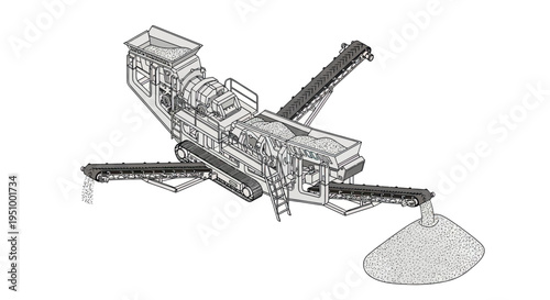 Illustration of a mobile crushing and screening plant with conveyor belts for material processing and output.