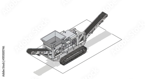 Isometric 3D rendering of a mobile tracked crushing machine with conveyor belts, designed for industrial material processing.
