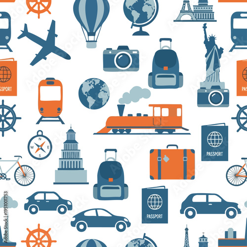 Seamless pattern of travel icons transportation, landmarks, luggage, and exploration tools