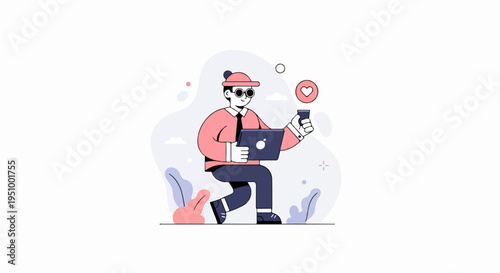 Trendy person with laptop and phone, engaging with social media icons in minimalist style