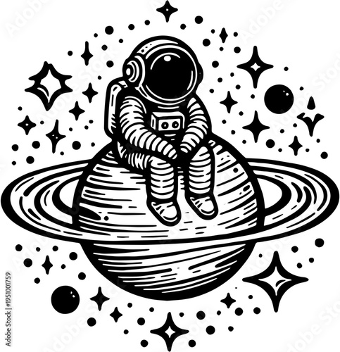 Astronaut contemplating existence while sitting on a ringed planet surrounded by stars