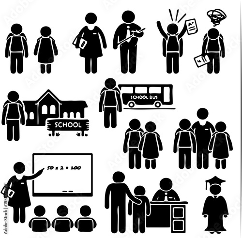 Collection of simplified stick figure icons representing students, teachers, and school activities with educational elements