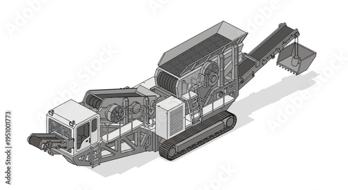 Detailed isometric illustration of a mobile tracked crushing and screening machine, showcasing its complex internal mechanisms and conveyor systems.