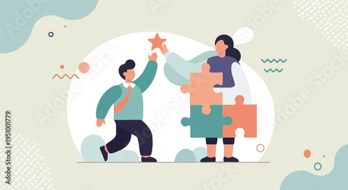 Teamwork, success, collaboration, and growth illustrated by puzzle pieces and a star