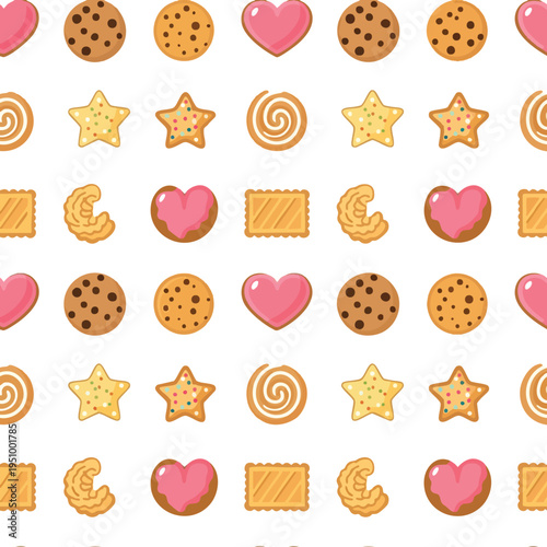 A whimsical pattern of assorted decorative cookies in various shapes and colors