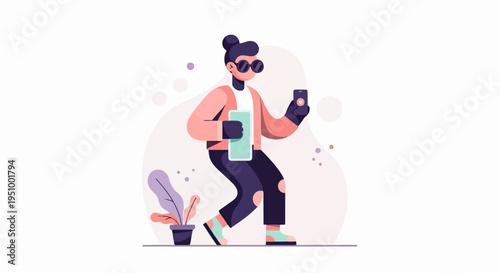 Trendy person with phone, tablet, and plant against white background