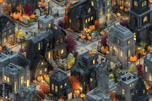 Seamless isometric halloween city pattern with haunted houses, glowing windows, pumpkins, autumn trees, and spooky decorations creating festive and eerie atmosphere