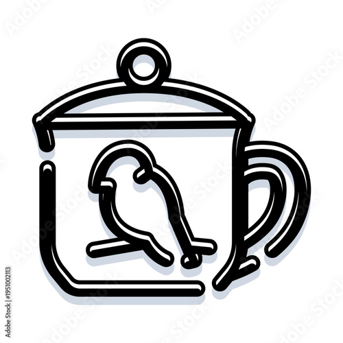 Stylized minimal line art illustration depicting a bird sitting inside a covered mug or jar, representing concepts of comfort, home, and gentle containment