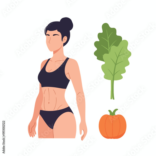 Woman in workout wear with kale and a pumpkin