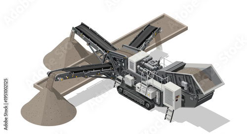 Illustration of a mobile tracked crushing plant processing aggregate materials with conveyor belts and stockpiles.