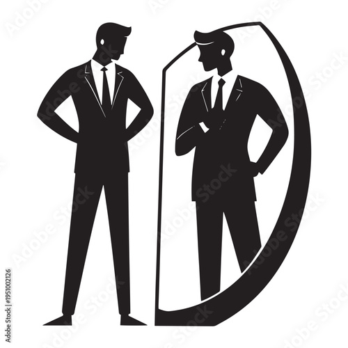 Businessman looking at reflection in mirror, confident, success, self-assurance, ambition, professional