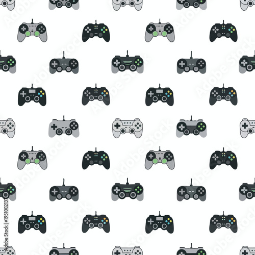 Seamless pattern of colorful and grey game controllers on white