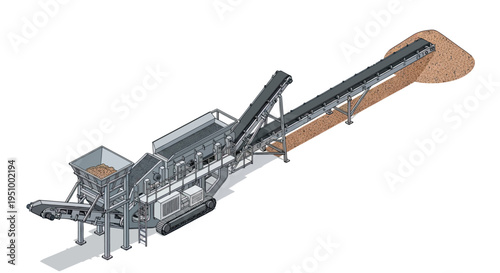 Industrial screening machine with conveyor belt system for material processing and sorting in a quarry or construction site.