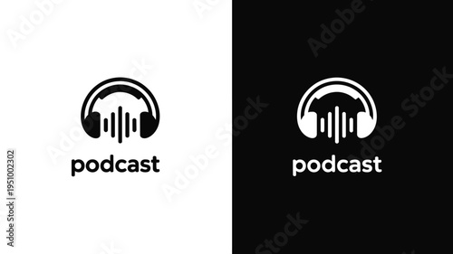 Podcast logo with headphones and sound wave icon in minimal black and white design