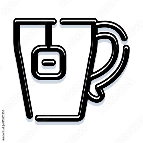 Tea cup with a tea bag icon, simple black outline of a hot comforting beverage for breakfast, break or relaxation, minimalist ceramic mug illustration for ui, web and print