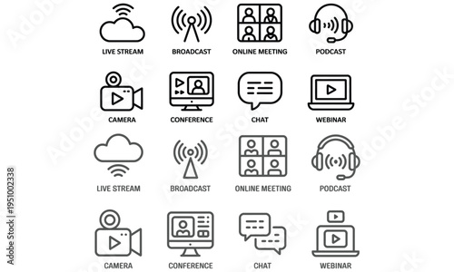 Online communication icons set with video call chat message podcast and streaming symbols in modern line style