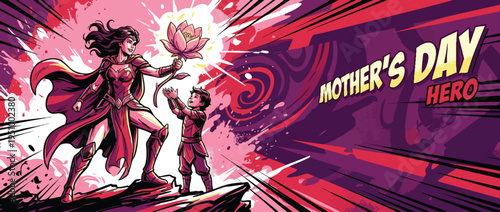Mothers Day Heroic Mother Giving Flower to Her Child in Fantasy Setting