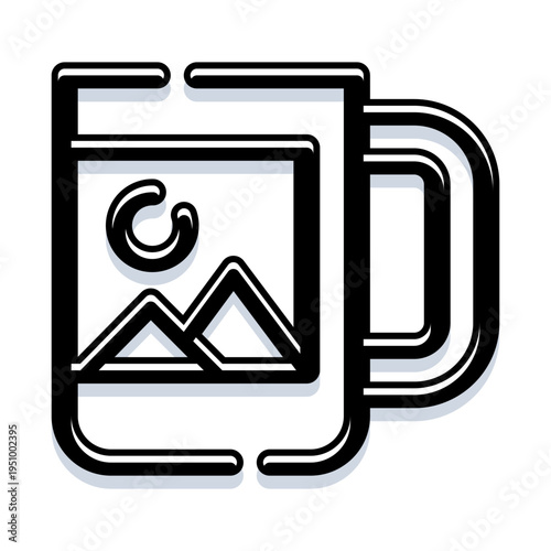 Mug icon displaying a custom image of mountains and a sun, symbolizing personalized gifts, souvenir printing, or branded merchandise for various events