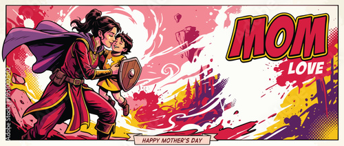 Mothers Day Heroic Fantasy Scene of Mother Kissing Child with Castle in Background