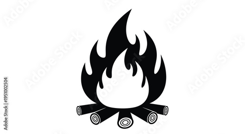 Stylized black and white illustration of a burning campfire with logs