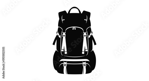 Black and white silhouette of a modern hiking backpack on a white background