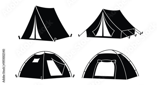 Four black silhouette icons depicting various types of camping tents