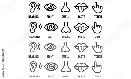  Human five senses icons set including hearing sight smell taste and touch symbols in minimal style