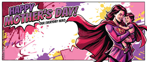 Mothers Day Happy Holiday Super Mom Holding Child Cartoon Art