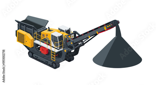 Isometric illustration of a mobile crushing machine with a conveyor belt depositing material into a pile.