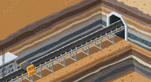 Cross-section view of an underground mining operation with a conveyor belt system transporting materials through a tunnel.