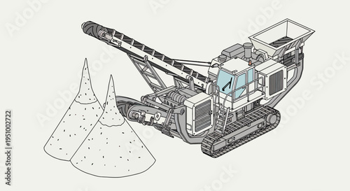 Detailed isometric illustration of a mobile tracked crushing machine processing aggregate into piles of material.