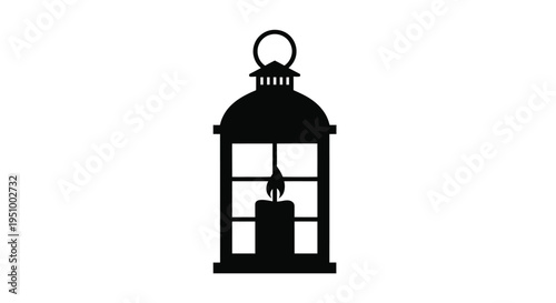 Simple black silhouette of a vintage lantern with a lit candle inside