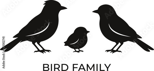 Minimalist Bird Family Silhouette Vector Set with Mother Father and Baby Chick on Isolated White Background for 2026 Graphic Design Trends