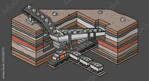 Isometric illustration of an open-pit mine with conveyor belts, a train, and layered geological strata, depicting resource extraction and industrial processes.