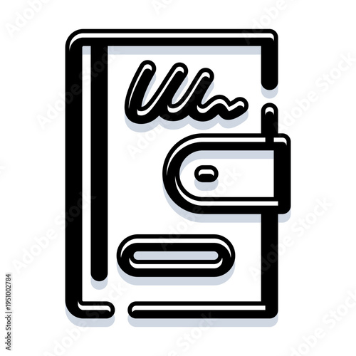 Modern linear book icon with clasped cover and abstract lettering, minimalist black and white outline symbolizing planning, learning, journaling, and record keeping for ui or print