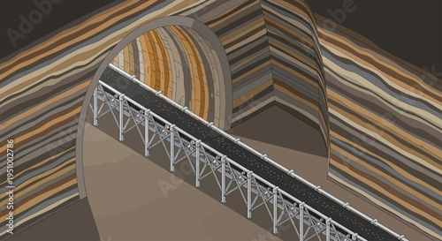 Illustration of a conveyor belt system transporting materials through a tunnel carved into layered geological strata.