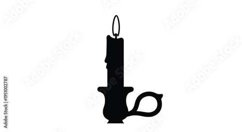 A simple black silhouette of a vintage candlestick with a flame