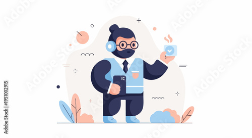 Stylized person with headphones and tablet, holding a checkmark icon