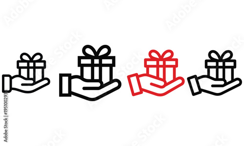 Hand holding gift box icons set representing giving and sharing concept in outline style