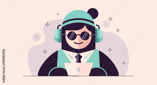 Stylized person with headphones and sunglasses working on laptop
