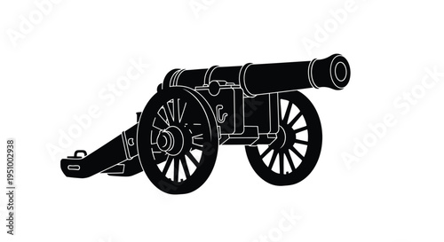 A vintage cannon illustration in black and white side view depicted