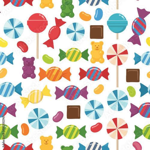 Whimsical repeating pattern of assorted colorful candies and gummy bears