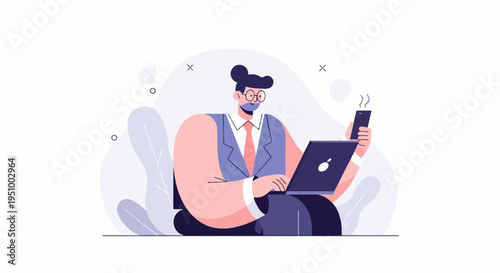 Stylized person with laptop, phone, and coffee