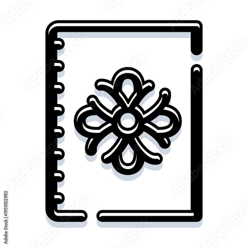 Notebook icon featuring a spiral binding along the left edge and an elegant, symmetrical floral or ornamental design on its cover, rendered in a simple outline style with a subtle shadow