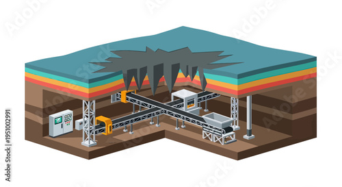 Isometric illustration of an underground mining operation with conveyor belts and extraction equipment, showing layered earth strata and a collapsed cavern.