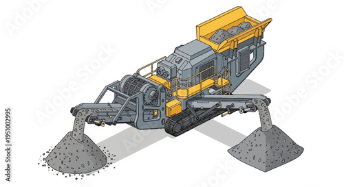 Isometric illustration of a mobile crushing machine with conveyor belts depositing aggregate into piles.