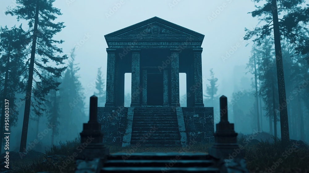 Obraz premium Eerie whispers from a cursed shrine in a dense forest gigapixel view of haunting architecture